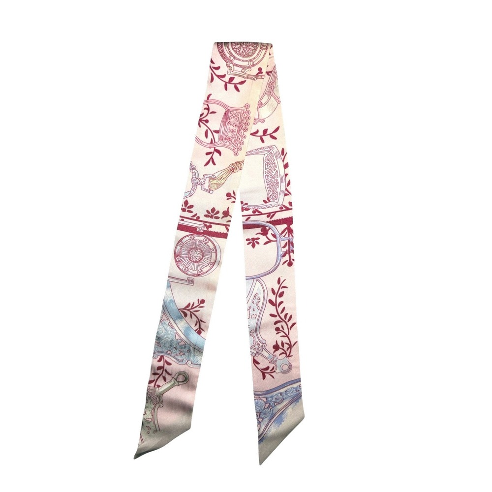 Hermès Pink Silk Twilly Scarf Pastel Blue Burgundy Bag Ribbon Tie - Picture 3 of 4